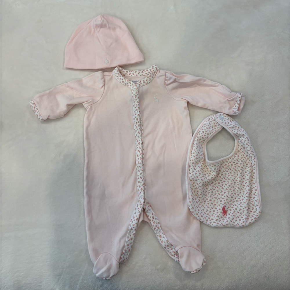 Ralph Lauren Pink Baby Outfit with Floral Trim